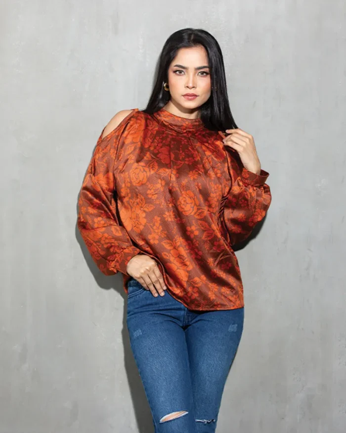 Rust Floral Cut-Out Sleeve Tops - Image 3