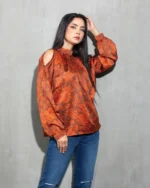 Rust Floral Cut-Out Sleeve Tops - Image 2