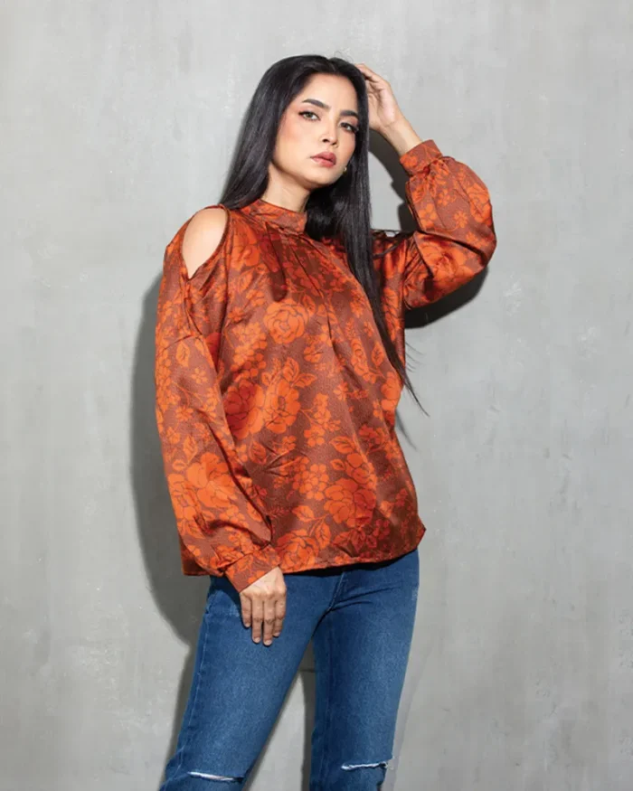 Rust Floral Cut-Out Sleeve Tops - Image 2